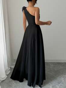 Modelyn French Retro Mori Style Ultra Chic Asymmetric Neckline Sleeveless Formal Black Dress - Black - View 2