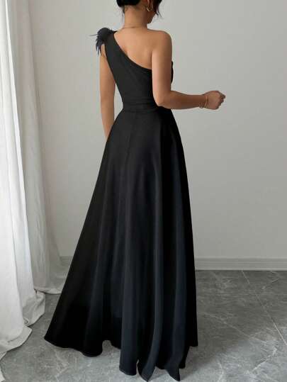 Modelyn Vestido formal negro de estilo retro francés Mori con cuello asimétrico y sin mangas