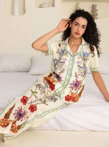 SHEIN Touch of Art 女士花卉印花翻领短袖衬衫和裤子睡衣套装，夏季 - 杏色 - 查看 6