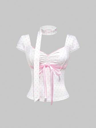 Y2K Polka Dot Bowknot T-Shirt For Women