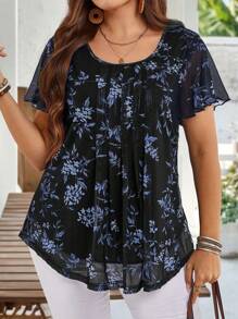 EMERY ROSE Plus Size Women Summer Short Sleeve Floral Print Shirt Tunic Blouse, Indigo Blue For Holiday,Summer Holiday,Vacation Outfits Women,Simple And Fashionable For Everyday Wear