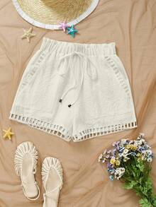 女式纸袋腰口袋扭纹休闲短裤 - 杏色 - 查看 3