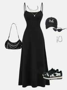 SHEIN Girlism 少女黑色针织百搭基本款露背长款连衣裙，适合春夏秋季节，可作为外套穿着 - 黑色 - 查看 1