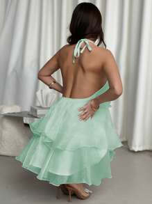 Firerie 情人节新款优雅浪漫约会露背多层下摆白色欧根纱挂脖A字裙泡泡裙洛丽塔连衣裙 - 薄荷藍 - 查看 2