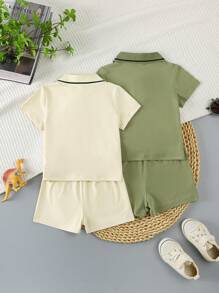 SHEIN Genkimix Kids 2025新款夏季2件套新生儿宝宝POLO衫短袖时尚婴儿服装翻领T恤4件套男宝宝夏季套装男宝宝套装男宝宝夏季套装男宝宝服装婴儿休闲套装