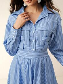 Anewsta 女士新款蓝色条纹春夏衬衫裙、A 字裙、优雅度假装 - 藍色 - 查看 6