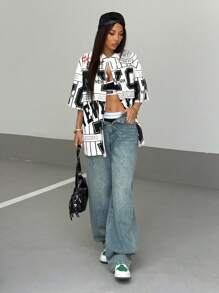 StreetHx Camisa esportiva feminina de manga curta com estampa de letras streetwear - Preto e Branco - Ver 4