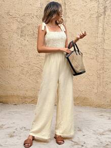 SHEIN Frenchy 女士花卉提花度假阔腿连体裤 - 杏色 - 查看 12