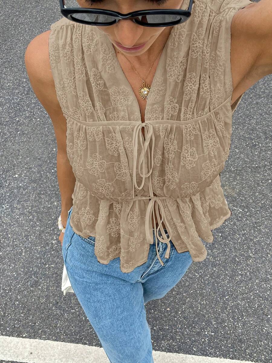 Siren Gaze 女式夏季无袖纯色花卉刺绣前系带衬衫 - 卡其色 - 查看 1