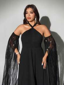 Viva Relle Große Größen Schulterfrei Sexy Kleid mit Pailletten, Netzstoff, Neckholder, taillierter Taille - Schwarz - Übersicht 5