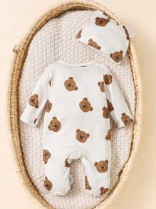 SHEIN 2pcs/Set Newborn Baby Boy/Girl Cartoon Bear Printed Long Sleeve Jumpsuit With Hat, Unisex Infant Clothes Suitable For Daily Wear, Birthday Party, Photography, All Seasons