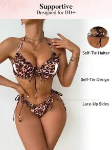 Swim DD+ Conjunto de traje de baño de verano con estampado de leopardo, modelo halter y cierre con lazo, tallas DD+ - Multicolor - Ver 3