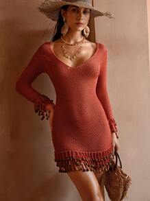 MOTF PREMIUM PLUNGING NECK LAYERED FRINGE HEM COVER UP DRESS FOR SUMMER BEACH VACATION - Brown - View 4