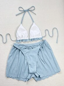 Swim Vcay Women's Summer Beach Solid Color Halter Tie Sexy Bikini Swimsuit Set With Shorts, Ruffle Trim, 3pcs/Set - Baby Blue - View 2