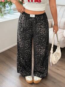 Solflare Plus Size Casual Leopard Print Patch Pocket Straight Leg Pants - Dark Grey - View 4