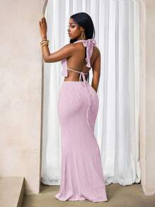 BamGleam 女士纹理金属镂空露背短款上衣和半身裙套装 - 粉色 - 查看 2