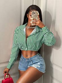 BamGleam 绿色条纹印花纽扣前短款性感长袖衬衫 - 綠色 - 查看 5
