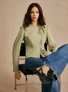 Poéselle Women's Green Lace-Up Solid Color Front Tie Long Sleeve Casual Regular Jacket, Button Detailing At Sleeves, Asymmetric Tie Placket Autumn Winter