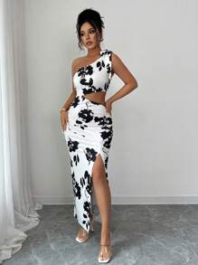 Selianne 女士优雅印花单肩连衣裙