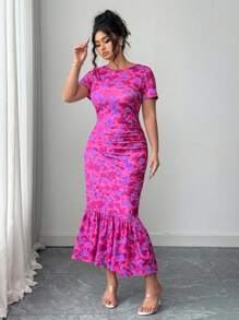 Elenzga Plus Size Women Floral Print Stretch Knit Bodycon Dress, Round Neck Short Sleeve Fitted Dress, Available In June - Hot Pink - View 4