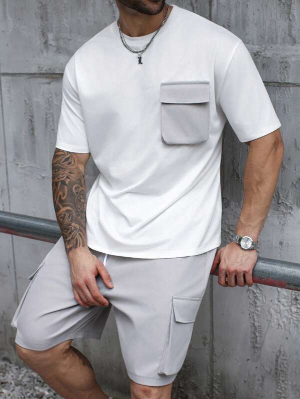 Manfinity Homme Completo estivo casual da uomo taglie forti, composto da maglietta a maniche corte e pantaloncini con vita regolabile