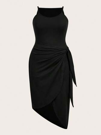 SHEIN BASICS 休闲纯色针织大码无袖连衣裙