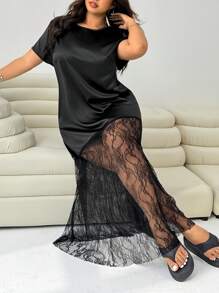 Solflare Plus Size Elegant Sexy Solid Color Lace Patchwork Dress