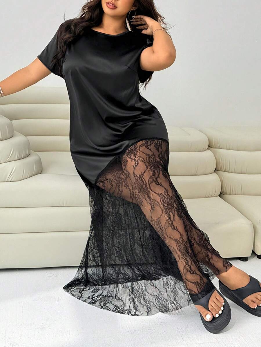 Solflare Plus Size Elegant Sexy Solid Color Lace Patchwork Dress