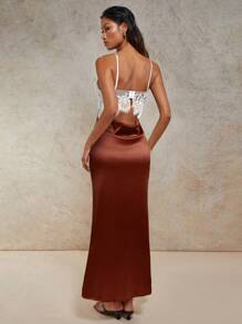 COSMINA Vestido de tirantes finos elegante con pespunte de encaje para mujer, de verano - Marrón - Ver 2