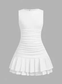 SHEIN Serisse Kids Vestido curto casual para meninas adolescentes com decote redondo, sem mangas, franzido lateral e tie-dye