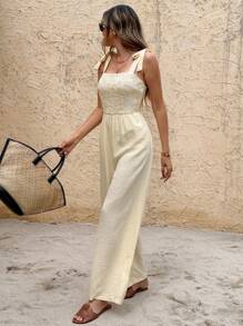 SHEIN Frenchy 女士花卉提花度假阔腿连体裤 - 杏色 - 查看 11