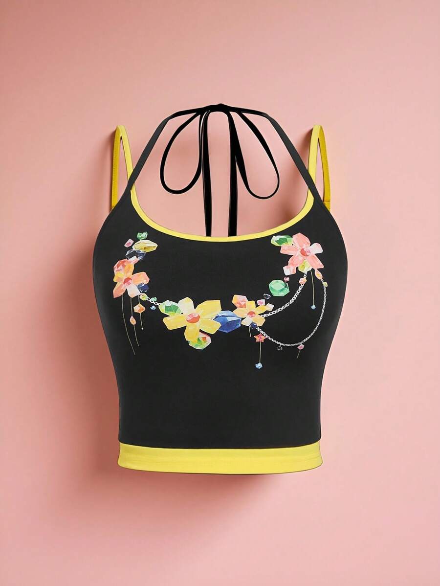 SHEIN MOD Collar floral colorido, top de tirantes con contraste de color floral y tejido, talla grande - Negro - Ver 1
