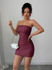Rafferiza 女士性感派对香槟色亮片迷你连衣裙 - 酒紅色 - 查看 3