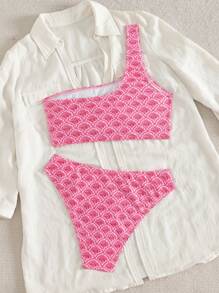 Swim Vcay 女士夏季新款单肩带低腰全身印花比基尼套装 - 粉色 - 查看 4