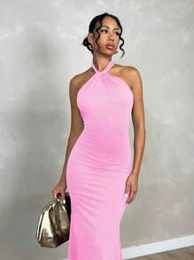 SHEIN PETITE 女士优雅简约纯色露背扭纹修身长裙，适合日常穿着女士休闲连衣裙女士连衣裙生日秋季女士服装返校