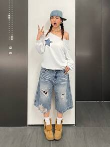 SHEIN 少女休闲舒适不对称领星形印花长袖卫衣 - 白色 - 查看 11