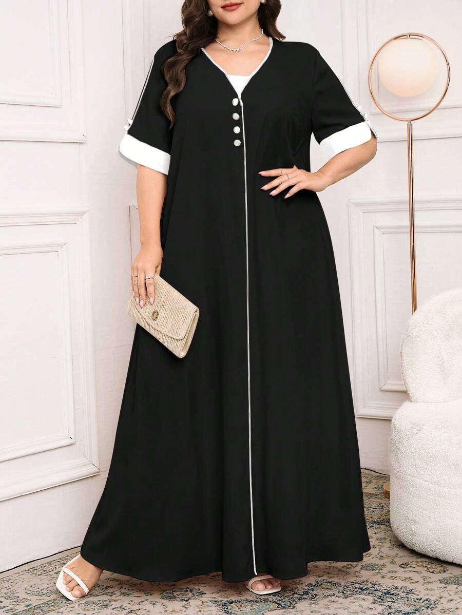Al Najma Casual Loose Contrast Color Short Sleeve Plus Size Arabian Dress For Women - Black and White - View 1