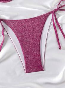 Swim SXY 女士假日纯色紧身性感细肩带露背亮片面料聚拢上衣和侧系带泳裤优雅休闲沙滩两件套泳衣