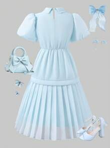Girls' Solid Color Collar Puff Sleeve Cinched Waist Elegant Dress, Summer - Blue - View 2