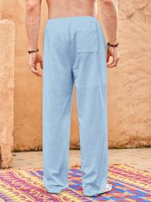 Manfinity VCAY 男士轻盈亚麻休闲沙滩裤，修身夏季度假沙滩装 - 霧霾藍 - 查看 2