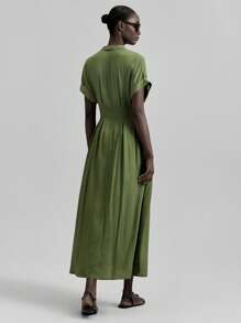 Ontre 2025 Women's Solid V-Neck Batwing Sleeve Pleated Single-Breasted Casual Dress, Elegant Summer Midi Dress, Graduation Dress, Vacation Dress, Beach Music Festival Dress, Christmas Outfit, Autumn/Winter New Year Clothing - Dark Green - View 3