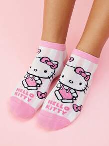 HELLO KITTY AND FRIENDS | SHEIN 4 双可爱猫咪图案柔软透气吸湿排汗女士短袜，加固脚趾和脚跟，适合所有季节，粉色和白色 - 粉色 - 查看 5
