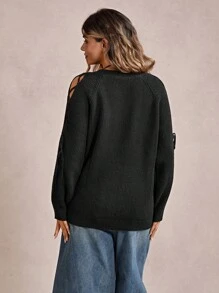 SHEIN VCAY Plus Lace Up Side Raglan Sleeve Sweater - Black - View 2