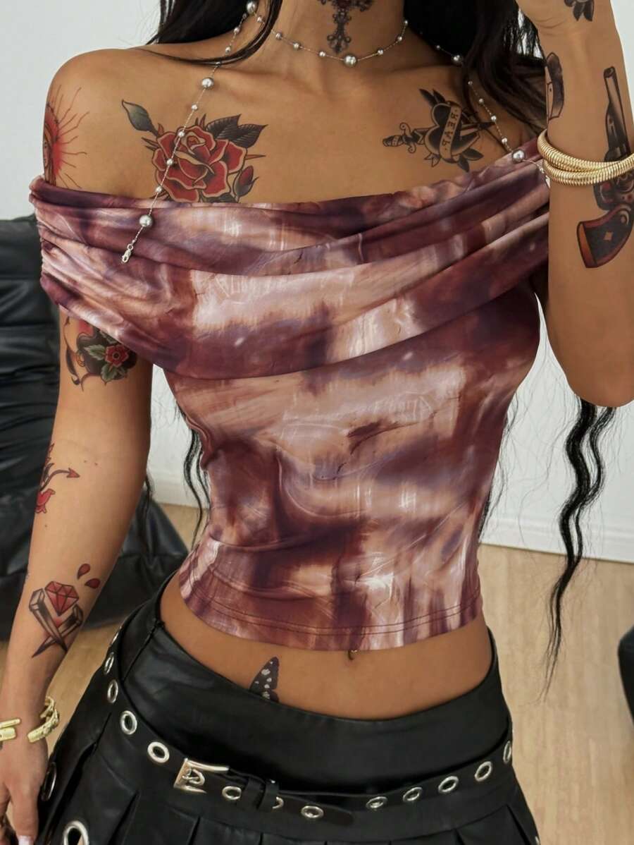 Coolane 女式秋季文艺复兴博览会狂欢街头服饰 Y2K 西部风情弹力棕色露肩扎染图案短袖上衣 - 咖啡棕 - 查看 1