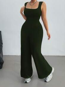 POPSWAY MOOSTA Plus Size Spring/Summer Women's Solid Color Elegant Loose Casual Off The Shoulder Sleeveless Sports Academy Simple Casual Square Neck Wide Leg Jumpsuit - Green - View 3