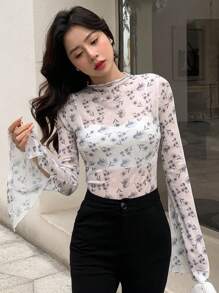 DAZY Floral Print Flounce Sleeve Mesh Top Without Cami Top Going Out Tops Sheer Long Sleeve Women Tops,Fall Women Clothes Turtleneck Women - Multicolor - View 7