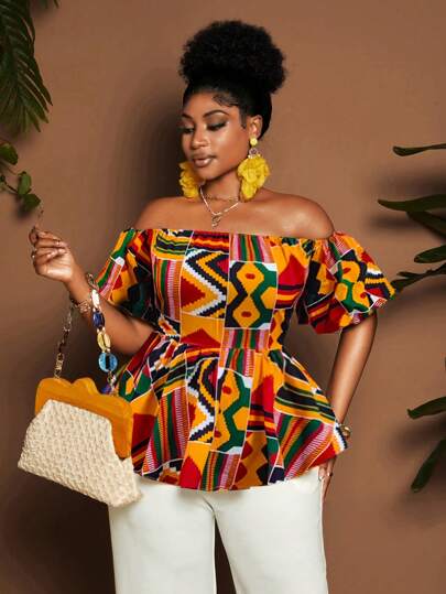 Maweii Plus Size Dropped Shoulder Puff Sleeve Shirt, African Floral Print Summer Fashion Party Wear For Women