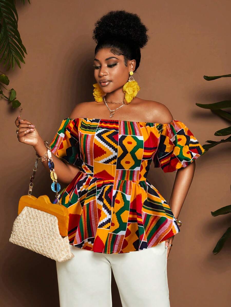 Maweii Plus Size Dropped Shoulder Puff Sleeve Shirt, African Floral Print Summer Fashion Party Wear For Women - Multicolor - View 1