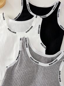 SHEIN Genkimix Kids 3 件套青少年女孩罗纹字母图案衬垫吊带背心，休闲基本款