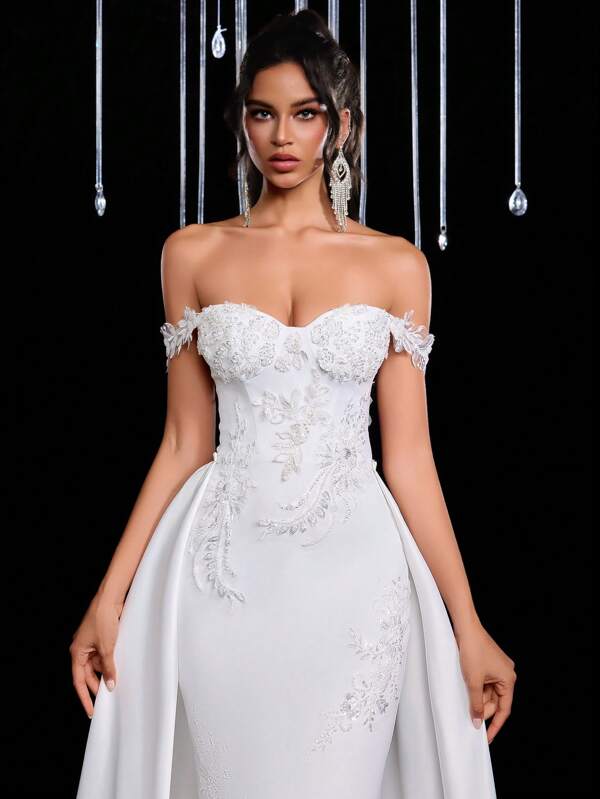 Glamrae Vestido blanco elegante y lujoso con hombros descubiertos, adornado con exquisitas lentejuelas, cintura alta con silueta de sirena ajustada, falda larga desmontable de satén con cola, tirantes ajustables, apto para bodas en la playa, prado, iglesia, versátil vestido de novia.